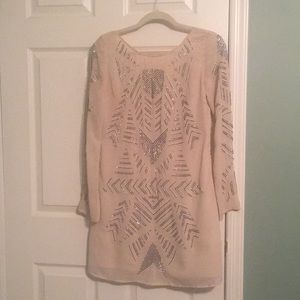 Long sleeve beaded cream mini dress